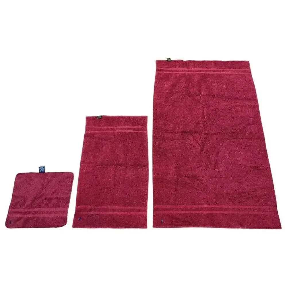 Vintage 1990s Ralph Lauren Red Cotton Towel Set 3 Bath Body Hand Washcloth USA